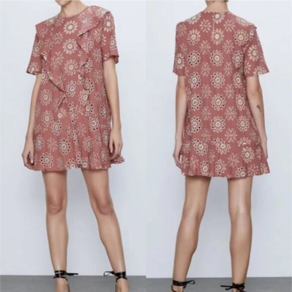 Zara Marsala Embroidered Eyelet Mini Dress - Picture 1 of 7
